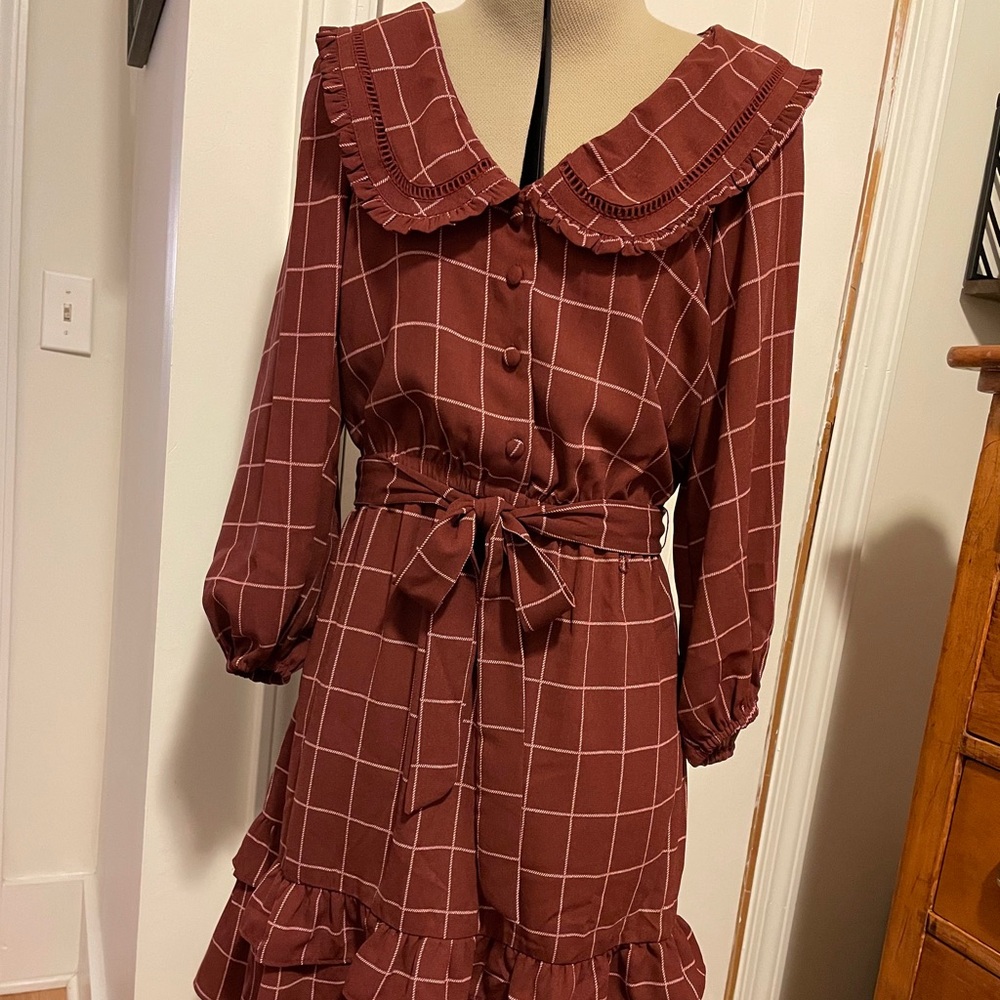 LC Lauren Conrad Ruffle Collar Belted Dress - Burgundy